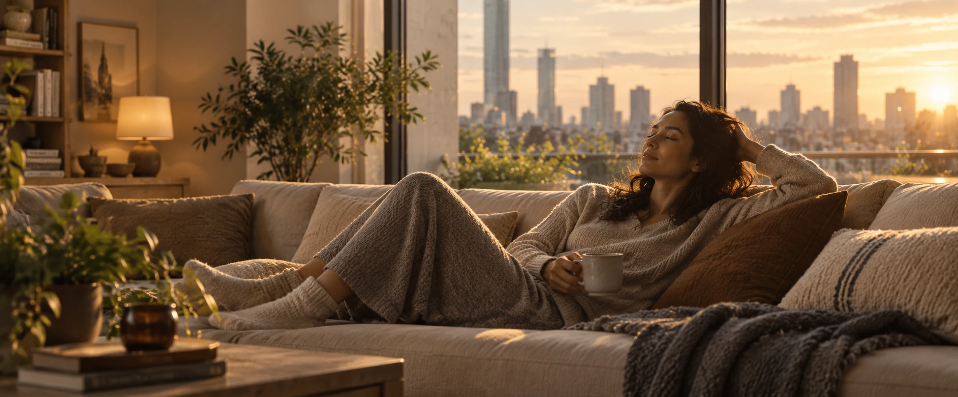 A person resting peacefully at home in warm evening light