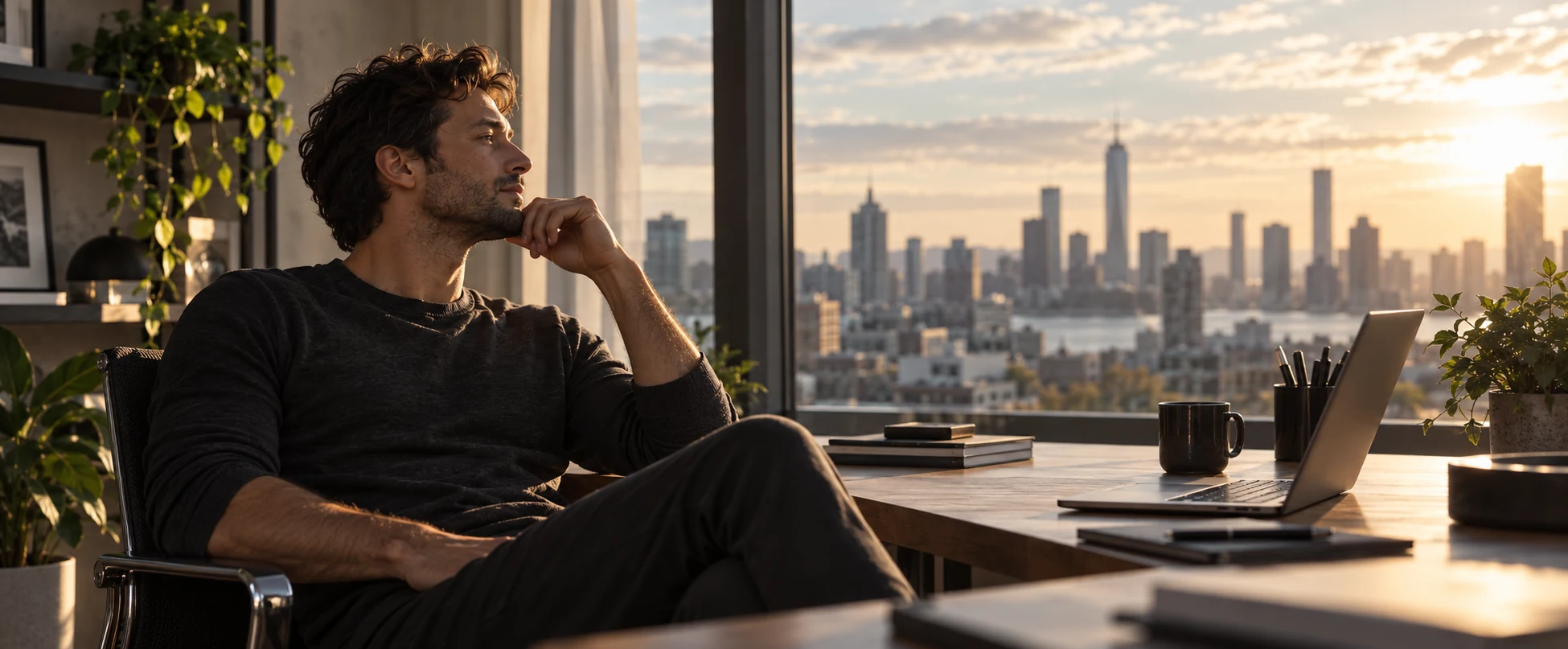 A quiet pause at a desk overlooking the city at sunset